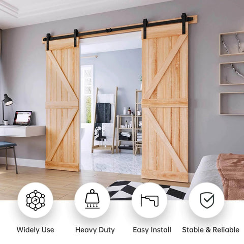 8 FT Double Door Sliding Barn Door Hardware Track Kit installed in a modern room with wooden doors, showcasing black powder coated finish, J pulley