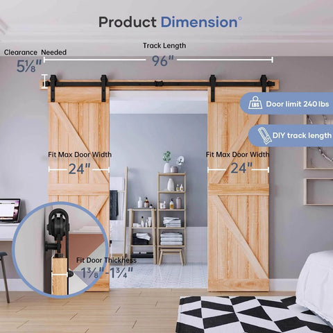8 FT Double Door Sliding Barn Door Hardware Track Kit with basic J pulley installed over two wooden barn doors in a room.