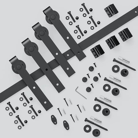 8 FT Double Sliding Barn Door Hardware Track Kit for Wood Slab Doors with J Shape Hanger, components layout