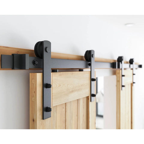 Installed 7FT Double Sliding Barn Door Hardware Kit for Two 21 Inch Door Panels, Heavy Duty Carbon Steel Track with Nylon Rollers