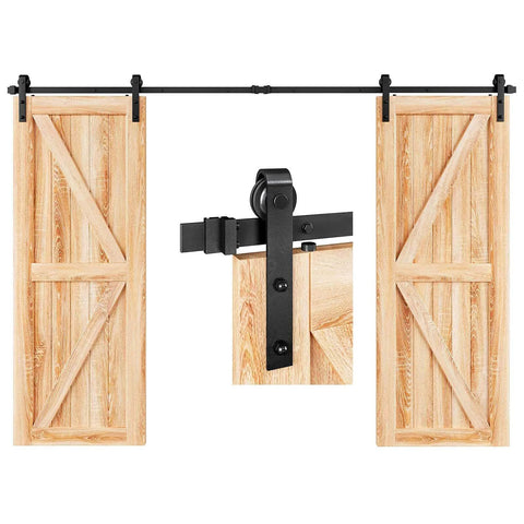 10 FT Double Door Sliding Barn Door Hardware Track Kit with basic J pulley and black powder coated finish, front view