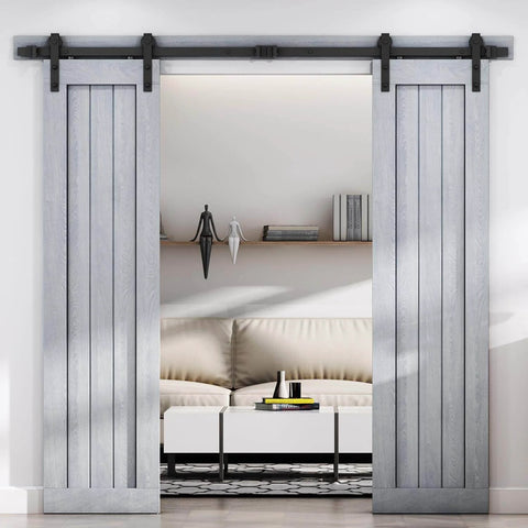 8 FT Double Door Sliding Barn Door Hardware Track Kit with basic J pulley, shown installed in a living room entrance