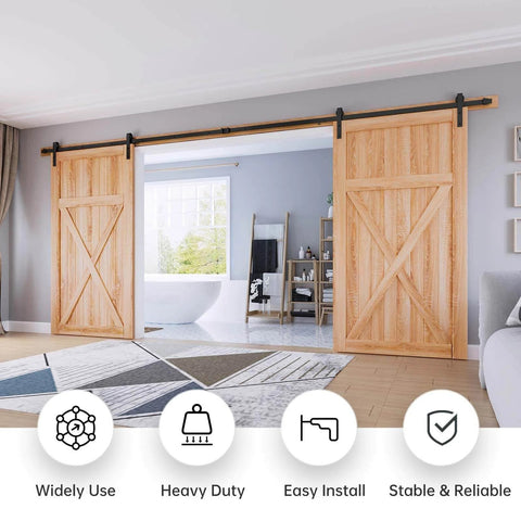 16 FT Double Door Sliding Barn Door Hardware Track Kit with basic J pulley shown on wooden doors in a living room setting