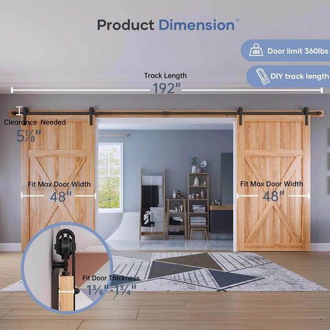 16 FT Double Door Sliding Barn Door Hardware with basic J pulley, installed on 48-inch wood doors, showing dimension and track details