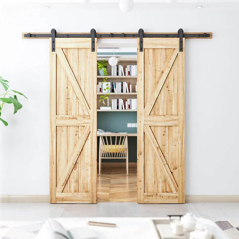 9FT Double Sliding Barn Door Hardware Kit for Two 27 Inch Door Panels, interior wood doors installed in living room