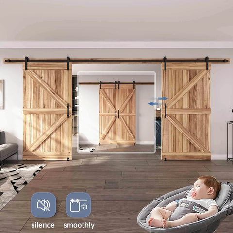 14 FT Double Sliding Barn Door Hardware Kit with Track and Handles installed in living room, smooth quiet sliding