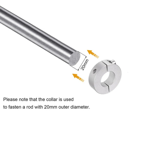 Double Split Shaft Collar for a 20mm shaft with 40mm outer diameter, shown with rod for comparison, 6061 aluminum material.