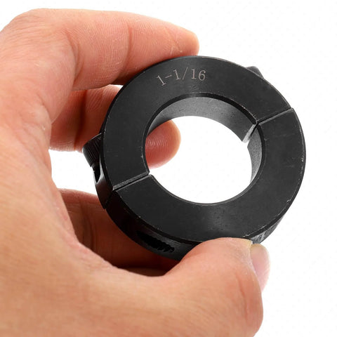 Close-up of 2pcs Double Split Shaft Collar for 1-1/16" Shaft, Two-Piece Clamping Collar, black oxide, held in hand, front view.