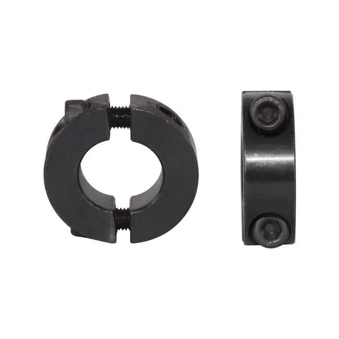 Double Split Shaft Collar Clamp Set For One Quarter Inch Bore By AZSSMUK Carbon Steel With Black Oxide Coating, side view and front view