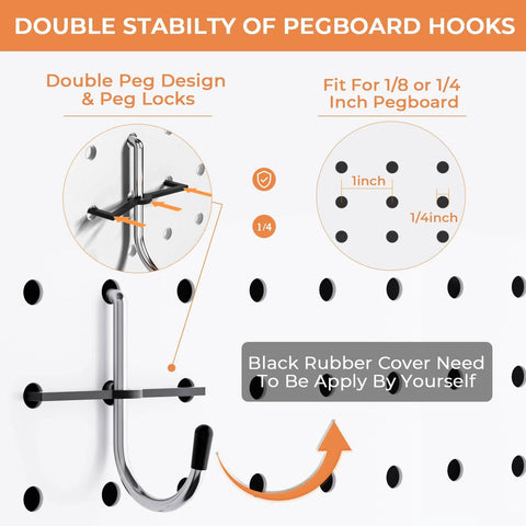 Double pegboard hook system with rubber cover, fits 1/8 or 1/4 inch pegboard for stable hanging, shown with installation detail.