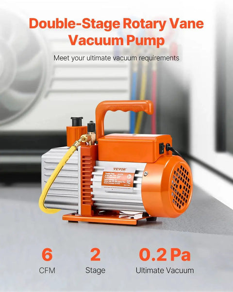 Two Stage 6 CFM Rotary Vane Vacuum Pump For Auto AC Systems R134a R22 R410a Compatible with oil bottle, pro-grade HVAC tool