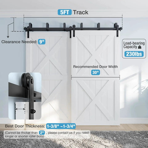 Double Track Bypass Sliding Barn Door Hardware Kit For Two Doors Low Ceiling Friendly Easy Install I Shape Hanger 5Ft Rail in black