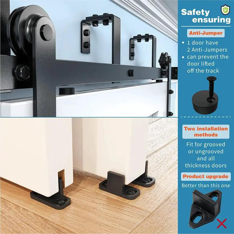 Close-up of Double Track Bypass Sliding Barn Door Hardware Kit with anti-jumper and two installation methods.