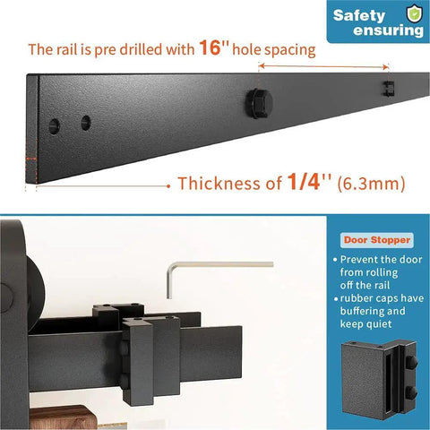 Close-up of black rail and stopper for Double Track Bypass Sliding Barn Door Hardware Kit For Two Doors, 1/4-inch thick.