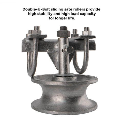 5" Pipe Track Wheel Galvanized with Double U-Bolt for 1 7/8" or 1 5/8" Chain Link Fence Gate Frame, showing stability and durability.
