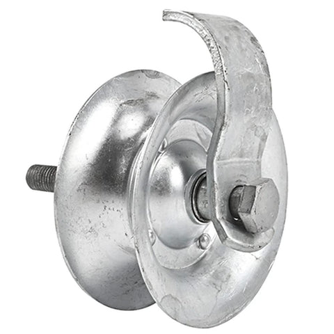 Close-up of a 5 Inch Pipe Track Roller from Rolling Gate Hardware Kit for Chain Link Sliding Gates Includes 6 Inch Double Wheel Carrier