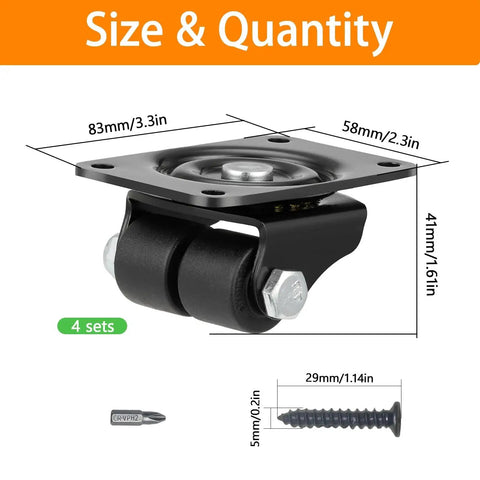 Heavy Duty Plate Caster Set 1 Inch Four Low Profile Nylon Double Wheel Casters With 1100 Lb Total Capacity displayed with dimensions