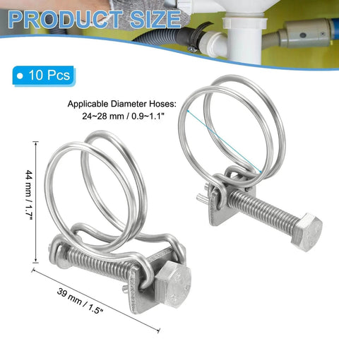 24 To 28 Millimeter Adjustable Double Wire Hose Clamp Set Of 10 Stainless Steel 304 Hose Clips Product Size Diagram