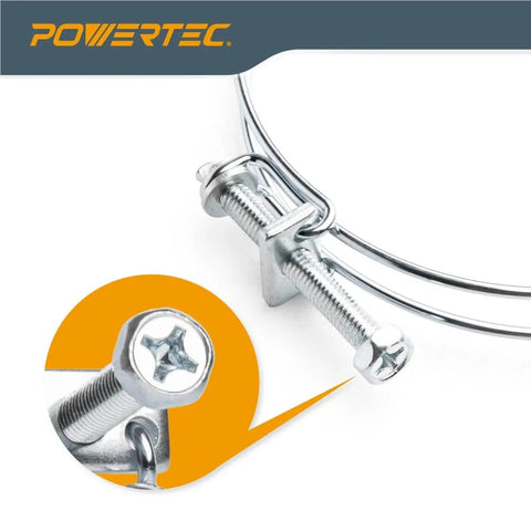 Close-up of POWERTEC 1.5 inch adjustable double wire hose clamp with bolt, zinc-coated for pool spa and pipe connections.