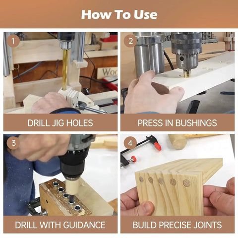 Steps for using Extra Deep Three Eighths Inch Drill Bushings Hardened Steel Guide Sleeves for Doweling Jigs in woodworking projects.