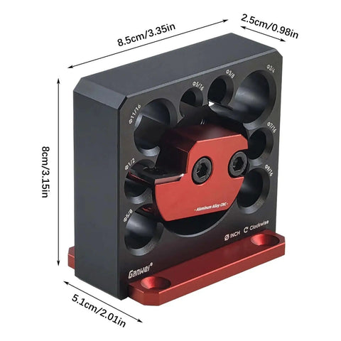 Eight Hole Dowel Maker Jig Kit for Woodworking with Aluminum Alloy Construction, front view with measurements