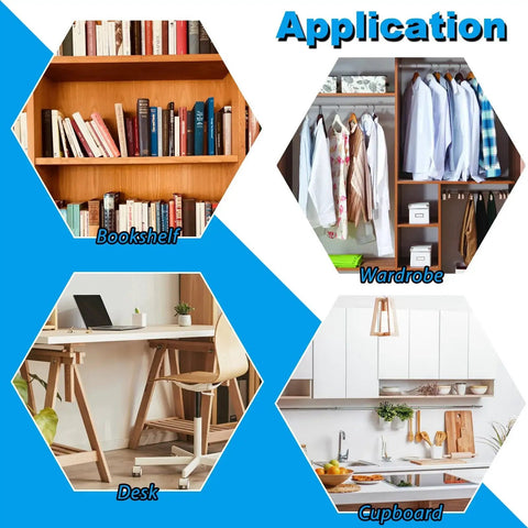 Applications of Premium 110 PC 304 Stainless Steel Dowel Pin Set including bookshelf, wardrobe, desk, and cupboard