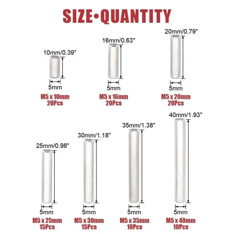 Pro Grade Stainless Steel Dowel Pin Shelf Support Kit 110 Piece Assortment with size chart from 5mm x 10mm to 5mm x 40mm.