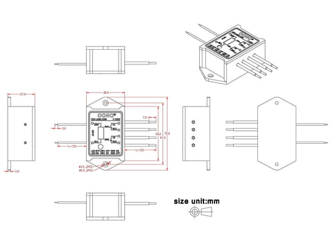 Diagram of DPST Relay Module 8A 250VAC 30VDC Output With 1NO 1NC, 12V AC DC Control Voltage, Compact Plastic Case, LED Indicator.