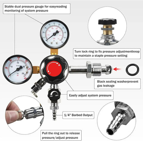 Image of Draft Beer Nitrogen Regulator For Homebrew Keg Setup With Dual Gauges CGA 580 5 16 Outlet Barb Red Gas Line And Pressure Release Valve Free Worm Clamps Built With Stainless Steel Clamps And Brass Fittings For Solid Home Draft And Keg System Use By PERA.