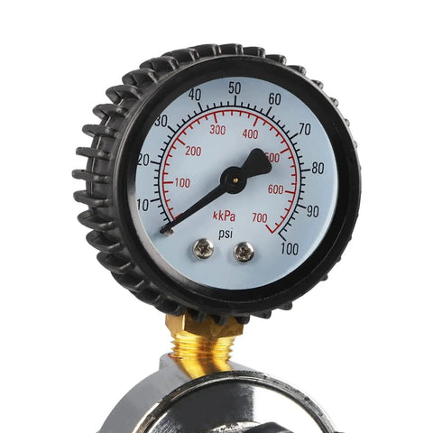 Close-up of gauge on All In One Draft Beer Nitrogen Regulator With Dual Gauges For Keg Systems CGA 580 Compatible Chrome Plated Body