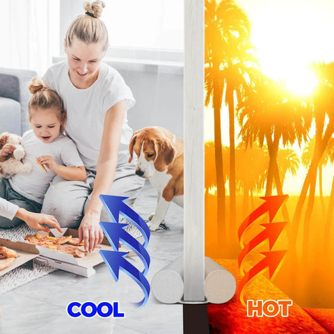 Door Draft Stopper And Sweep No Fuss Adjustable Fit Weather Stripping And Noise Blocker in home setting with temperature arrows