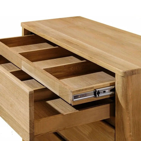 Wooden dresser with 6 inch full extension drawer slides with quiet operation, side mounted for smooth drawer movement.