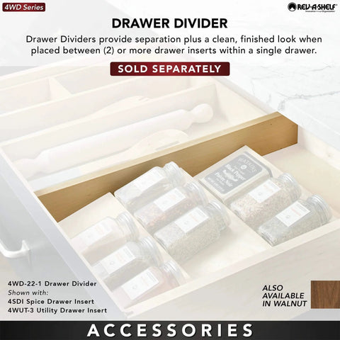 Drawer divider with multiple spice jars shown in a drawer, sold separately, part of the 4WD Series accessories