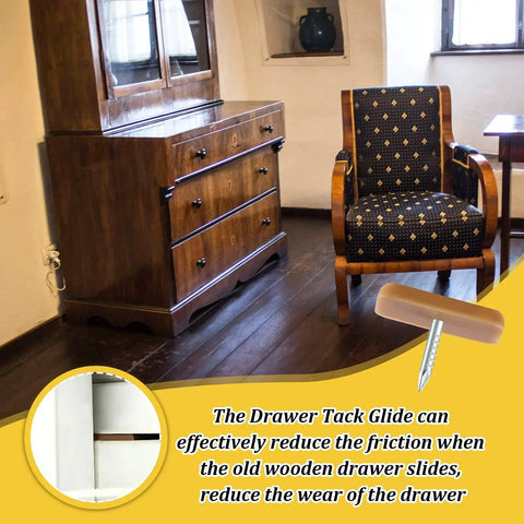Vintage wooden dresser and chair with 30 Pieces Tack-In Drawer Glides For Dresser Repair, Durable Hard Plastic Cushions visible.