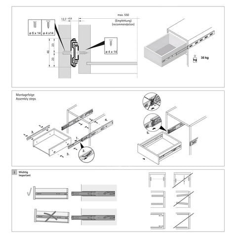 Installation diagram for 300 mm full extension ball bearing drawer runners with automatic soft closing mechanism and 35 kg load capacity.