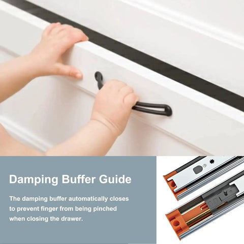 Full Extension Ball Bearing Drawer Runners 300 Mm With Automatic Soft Closing Mechanism installed on white drawer, child safety