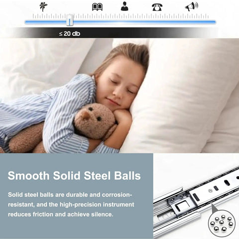 Child sleeping beside Full Extension Ball Bearing Drawer Runners 300 mm with Automatic Soft Closing Mechanism, promoting quiet operation.