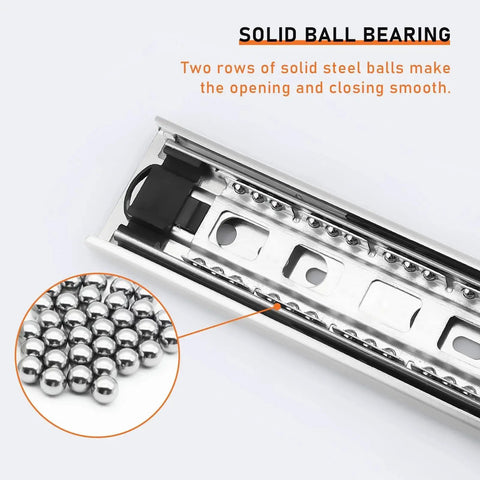 Close-up of 10 Pairs 22 Inch Rear And Side Mount Drawer Slides with ball bearings for smooth movement, heavy duty, rust resistant steel construction.