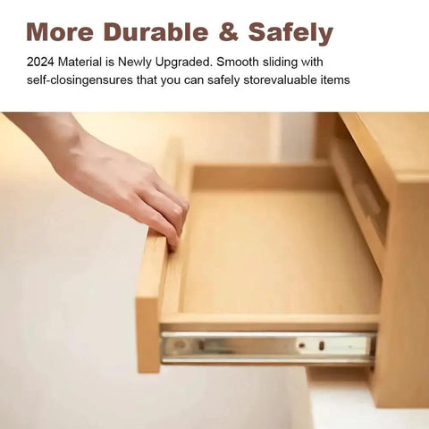 Hand pulling wooden drawer with Two Pack Center Track Drawer Slides For Rite Trak II Rails Kit, 16 Inch metal slides visible.