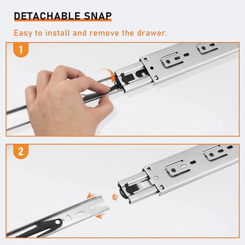 Demonstrating the detachable snap feature on 10 Pairs 22 Inch Rear And Side Mount Drawer Slides With Rear Mounting Brackets Heavy Duty Ball Bearing.