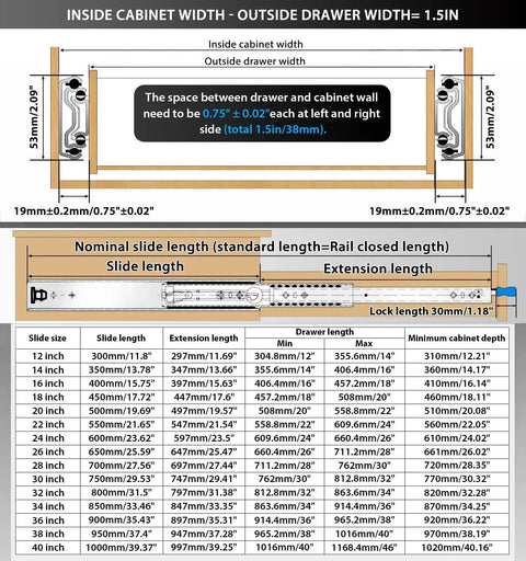 Diagram showing installation guide and dimensions for Heavy Duty Locking Drawer Slides Full Extension Runners With Lock