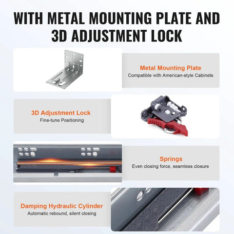 Image showing features of 10 Pairs 15 18 21 Inch Soft Close Bottom Mount Drawer Slides including metal mounting plate, 3D lock, and hydraulic cylinder.