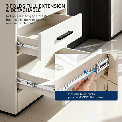 Soft Close Heavy Duty Drawer Slides 22 Inch installed in cabinet, showing full-extension side mount rails, handle being used for removal