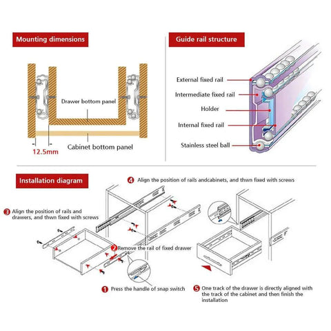 Installation diagram for Drawer Slide 11 Inch Ball Bearing 3 Section Drawer Cabinet Slide, Side Mount 2pcs (Silver)