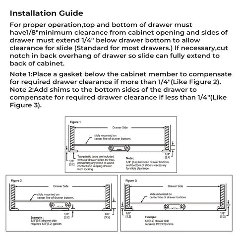 Installation guide for Center Mount Drawer Slides 22 Inch Black 5 Pieces showing proper attachment and clearance diagrams