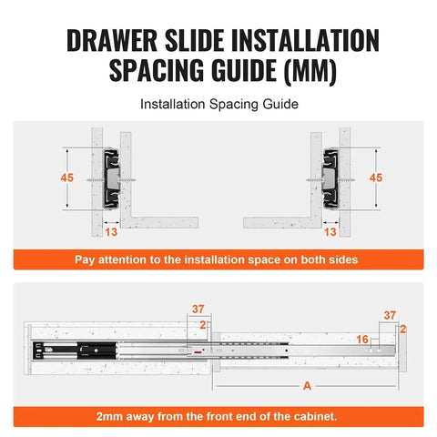 Drawer slide installation spacing guide for 6 Pairs 20 Inch Soft Close Drawer Slides, showing measurements and side mount position.