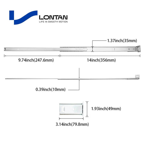 Diagram of Center Mount Drawer Slides Bottom Mount for Cabinet and Dresser 14 Inch, with measurements and dimensions in inches.
