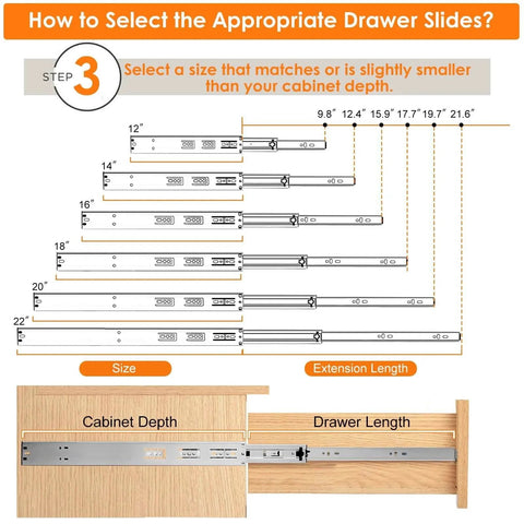 Diagram showing how to select 1 Pair | Soft Close Drawer Slides 22 inch, HBL’ Heavy Duty Cabinet Drawer Slides Replacement by matching depth.