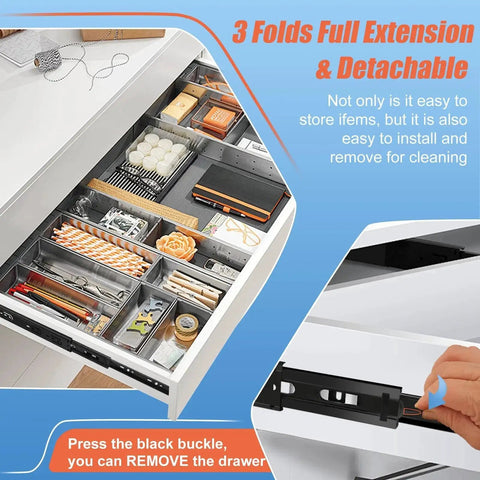12 Inch Full Extension Drawer Slides Set, 4 Pairs, installed with drawer open showing organized compartments in a kitchen cabinet.