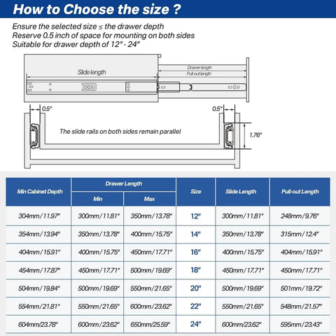 Size chart for 6 Pairs Soft Close Drawer Slides 20 Inch, Full Extension Heavy Duty Ball Bearing Cabinet Rails, installation guide